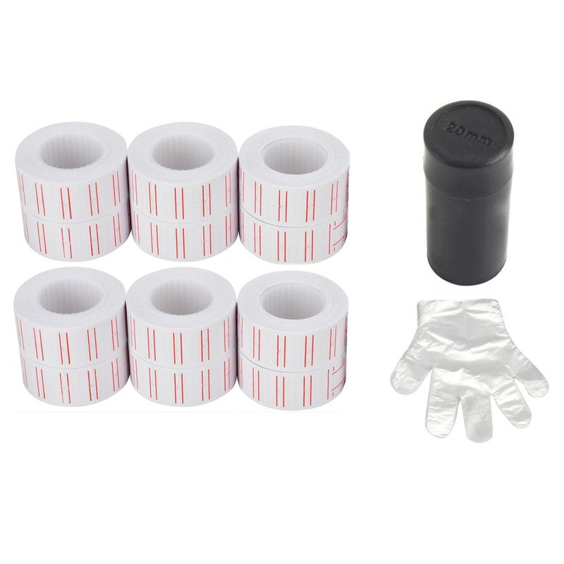 MFLABEL 12 Rolls 7200 White Price Gun Labels for Mx-5500 - with Double Red Line Visibility, Refill Ink Roll & Disposable Gloves for Easy Loading - Image 1